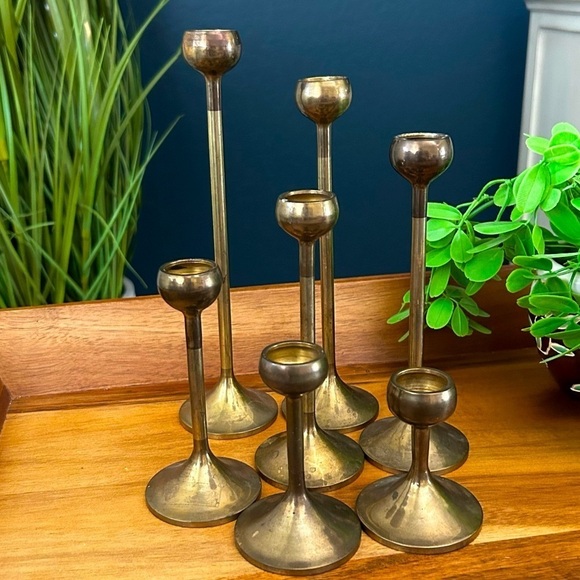 Mid Century Scandinavian Brass Graduated Candleholders - Set of 7 - Picture 9 of 9